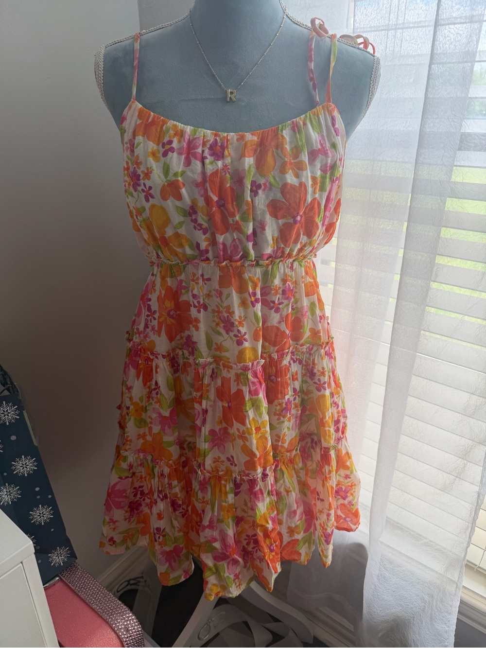 mine Floral Tie-Shoulder Mini Dress in Orange, Pink, Yellow